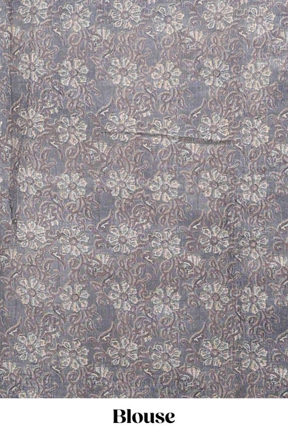 Beige linen cotton saree with grey shibori print, self zari border and floral design pallu