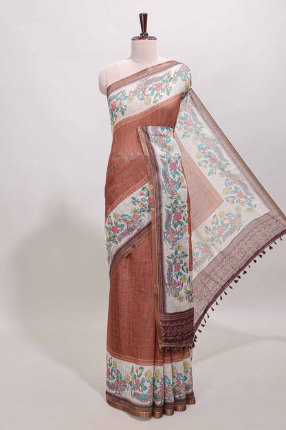 Brown checked linen cotton saree with bottom floral and birds design, self zari border and printed blouse