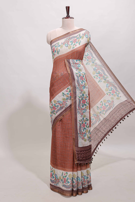 Brown checked linen cotton saree with bottom floral and birds design, self zari border and printed blouse