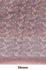 Brown checked linen cotton saree with bottom floral and birds design, self zari border and printed blouse