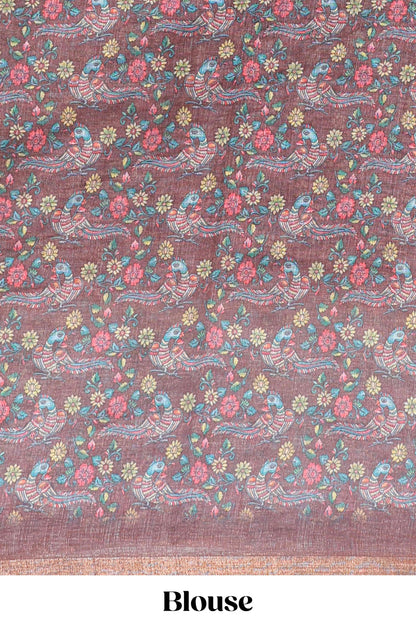 Brown checked linen cotton saree with bottom floral and birds design, self zari border and printed blouse