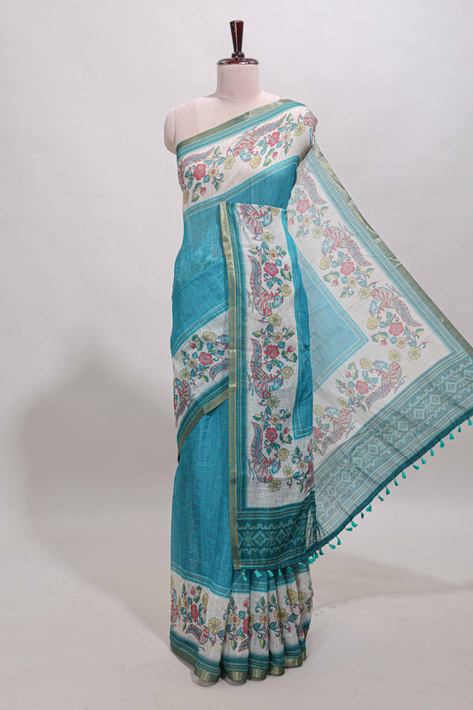 Turquoise green checked linen cotton saree with bottom floral and birds design, self zari border and printed blouse