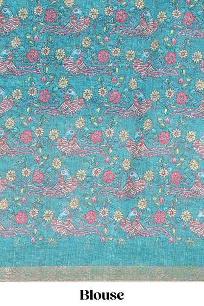 Turquoise green checked linen cotton saree with bottom floral and birds design, self zari border and printed blouse