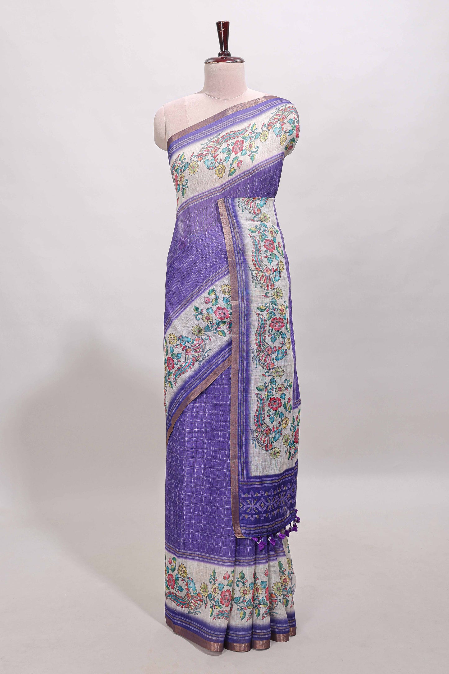 Violet checked linen cotton saree with bottom floral and birds design, self zari border and printed blouse