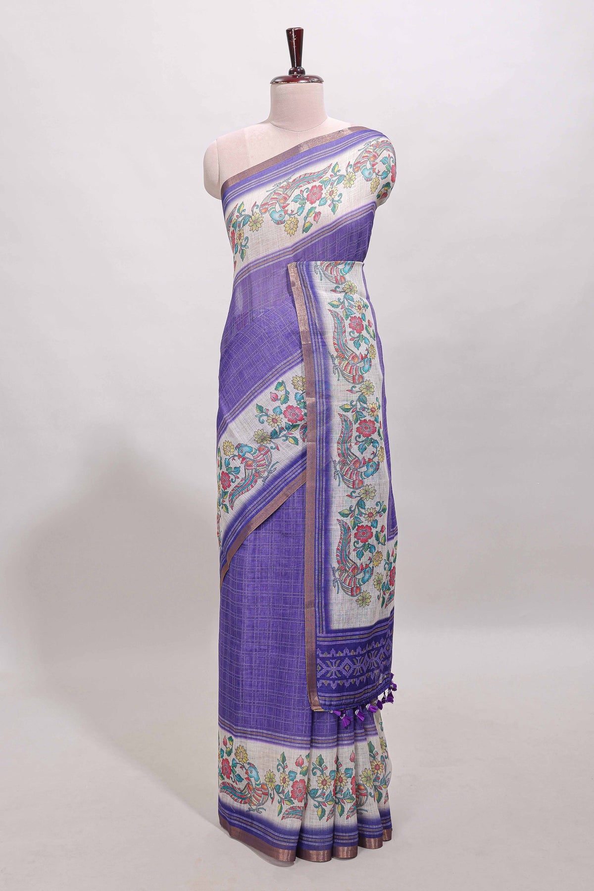Violet checked linen cotton saree with bottom floral and birds design, self zari border and printed blouse