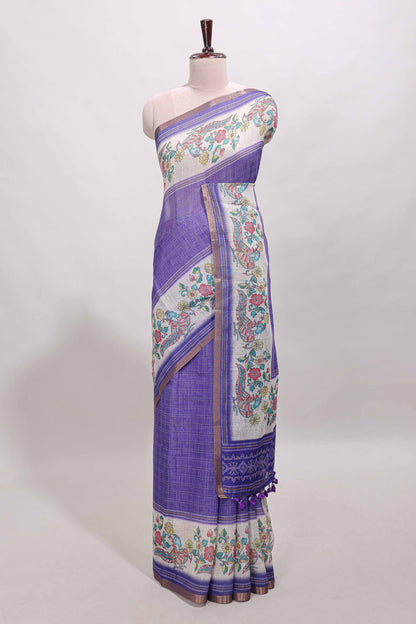 Violet checked linen cotton saree with bottom floral and birds design, self zari border and printed blouse
