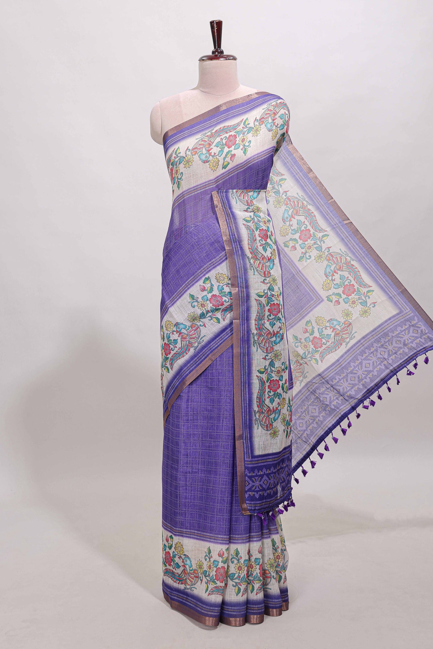 Violet checked linen cotton saree with bottom floral and birds design, self zari border and printed blouse