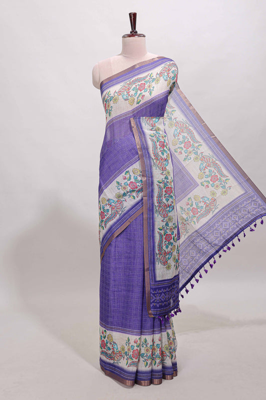 Violet checked linen cotton saree with bottom floral and birds design, self zari border and printed blouse