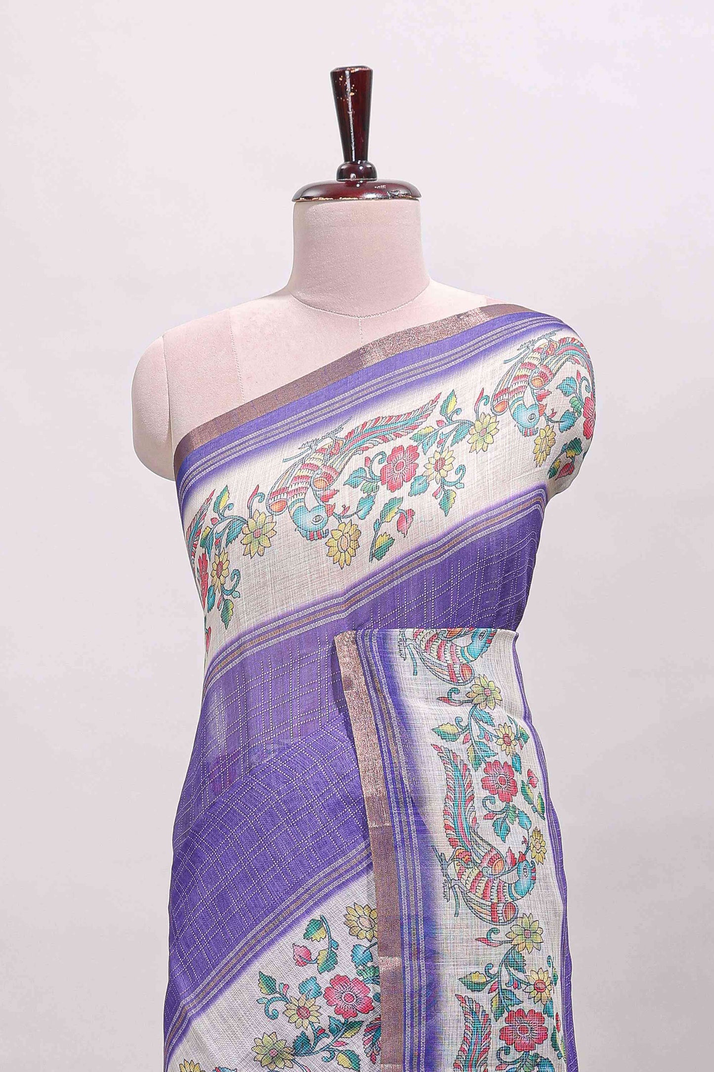 Violet checked linen cotton saree with bottom floral and birds design, self zari border and printed blouse