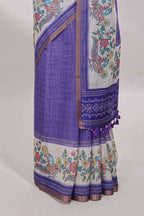 Violet checked linen cotton saree with bottom floral and birds design, self zari border and printed blouse