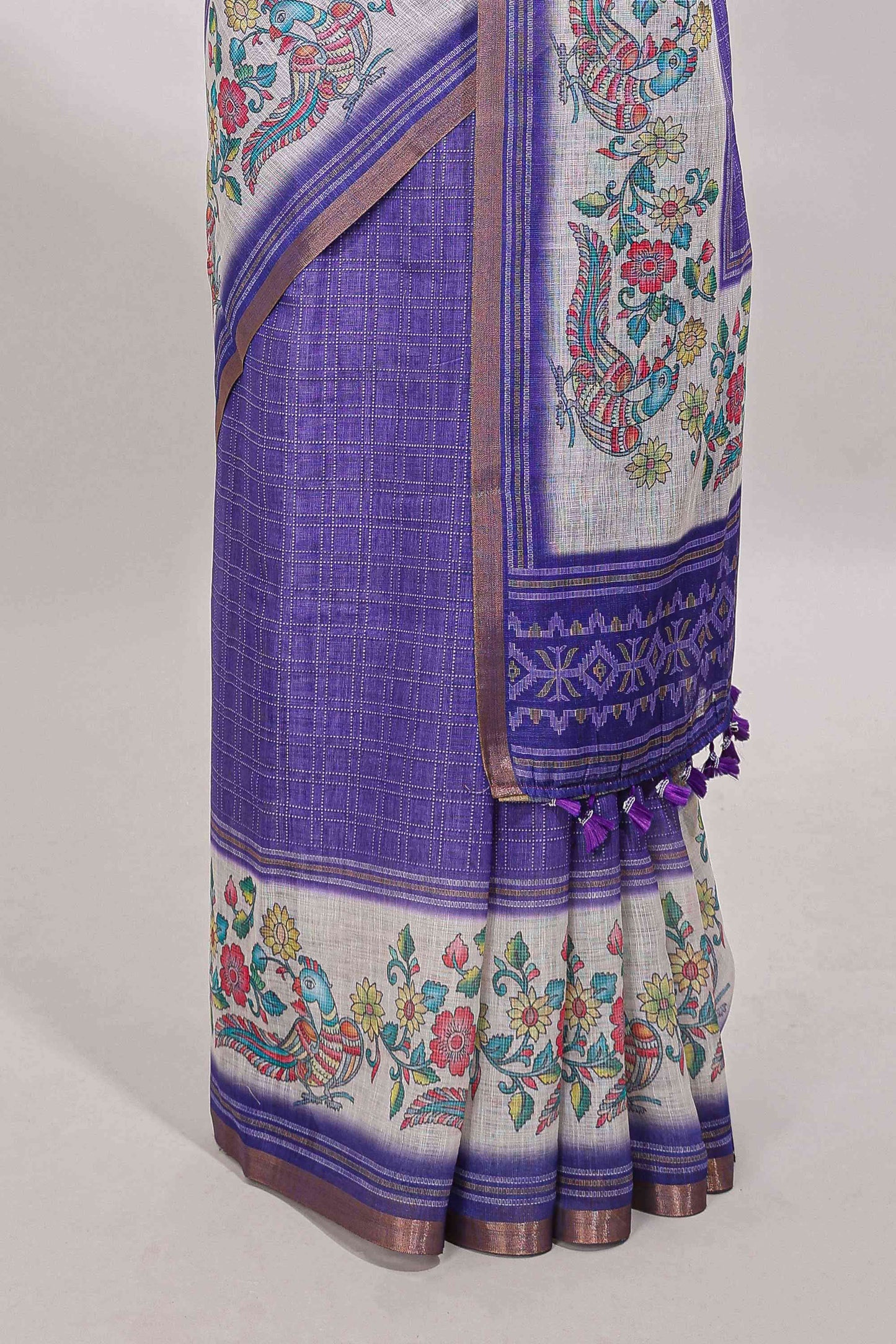 Violet checked linen cotton saree with bottom floral and birds design, self zari border and printed blouse