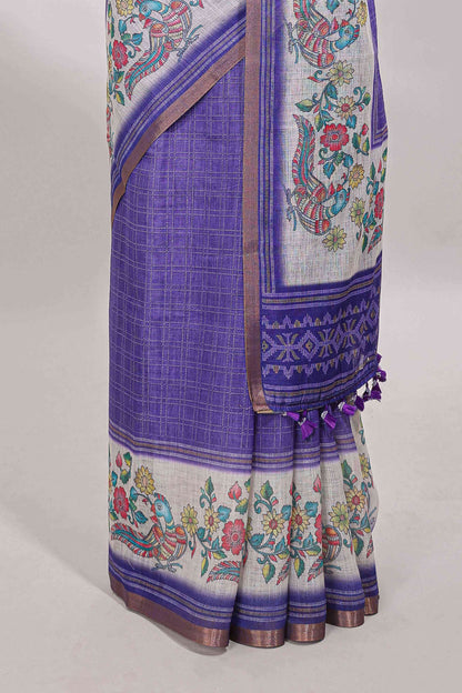 Violet checked linen cotton saree with bottom floral and birds design, self zari border and printed blouse