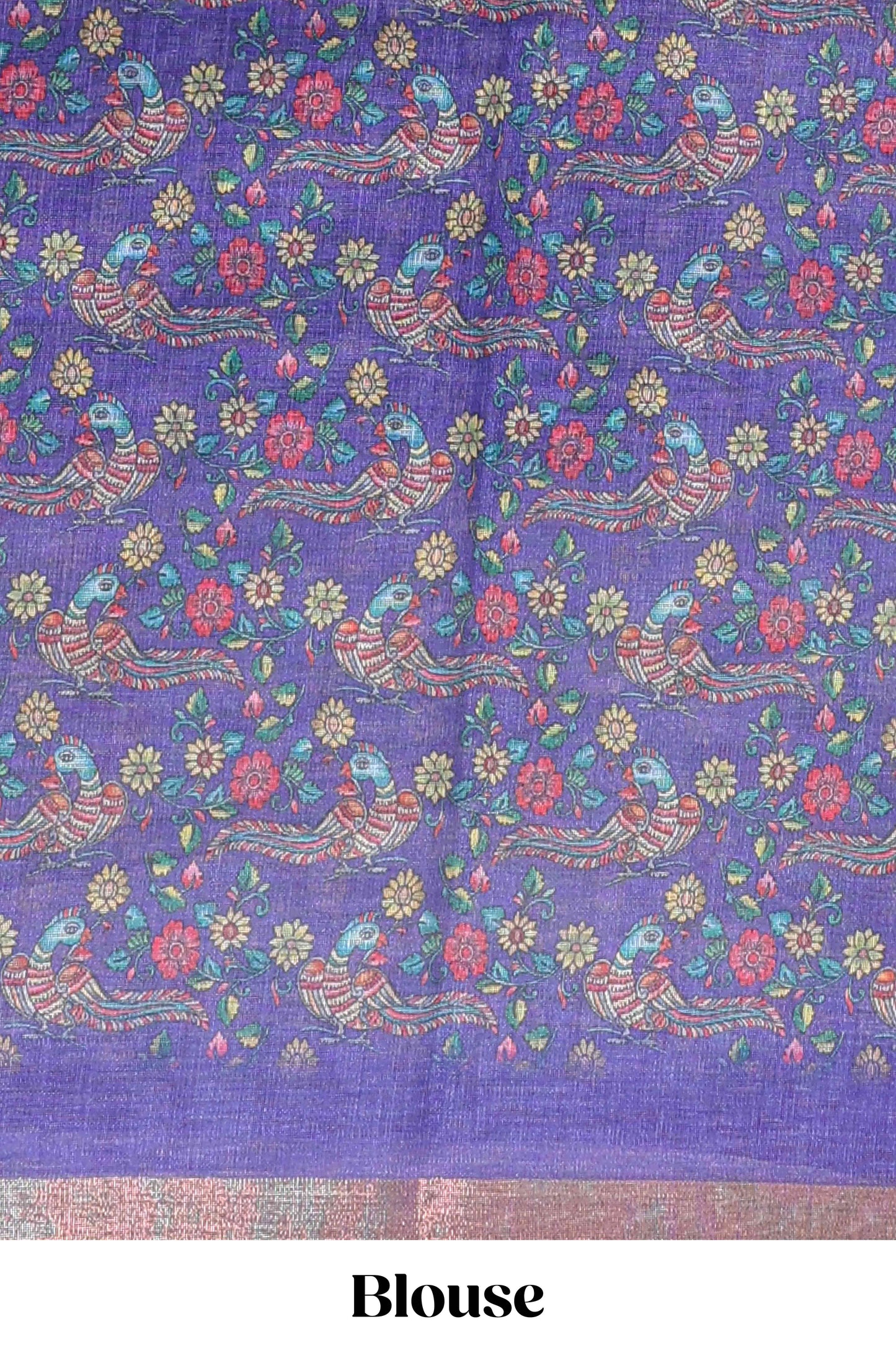 Violet checked linen cotton saree with bottom floral and birds design, self zari border and printed blouse