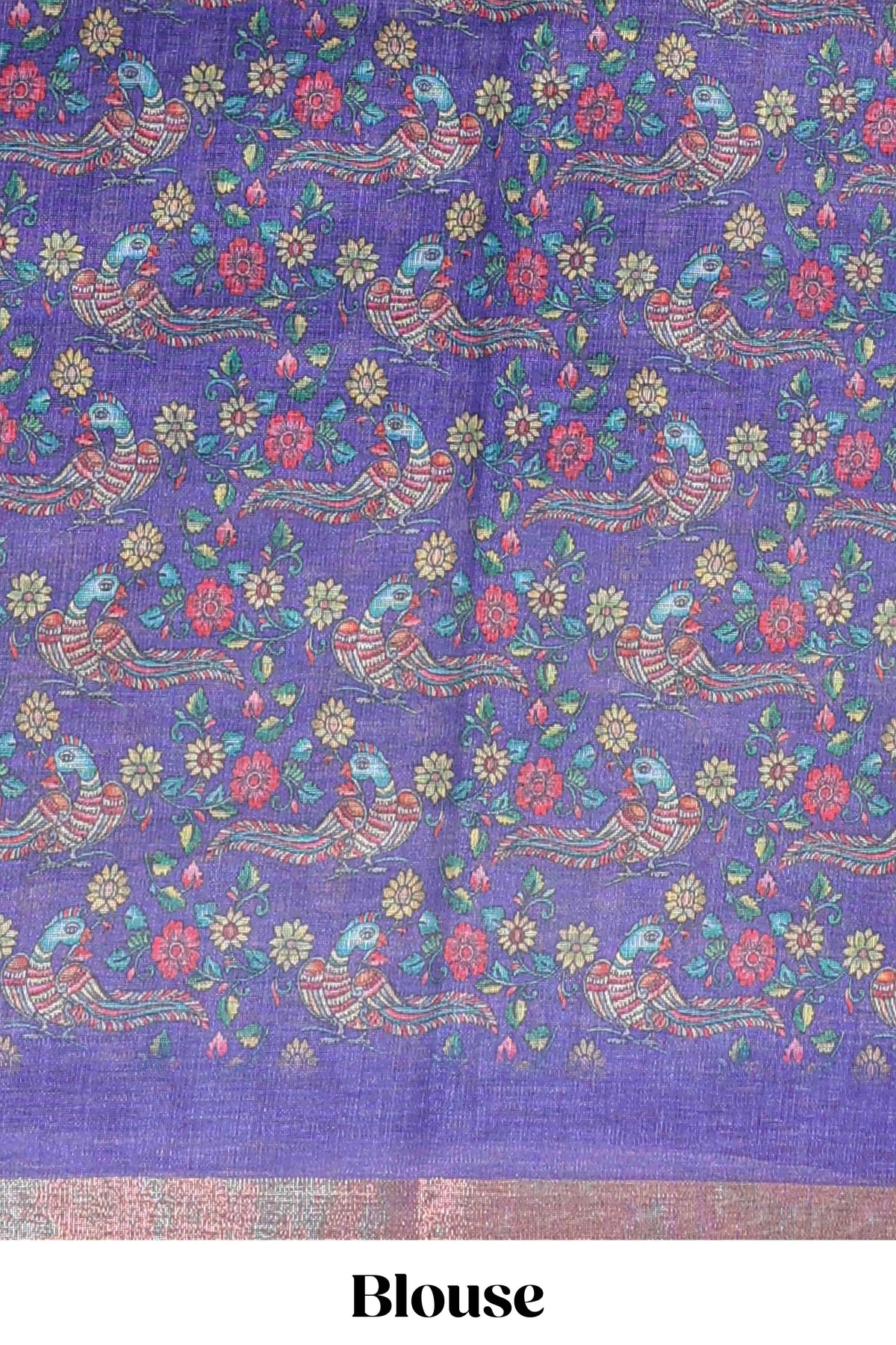 Violet checked linen cotton saree with bottom floral and birds design, self zari border and printed blouse