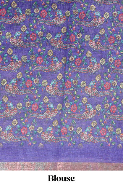 Violet checked linen cotton saree with bottom floral and birds design, self zari border and printed blouse