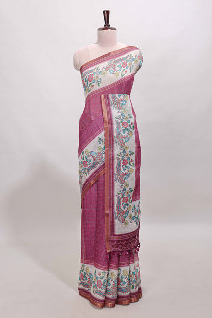 Onion pink checked linen cotton saree with bottom floral and birds design, self zari border and printed blouse