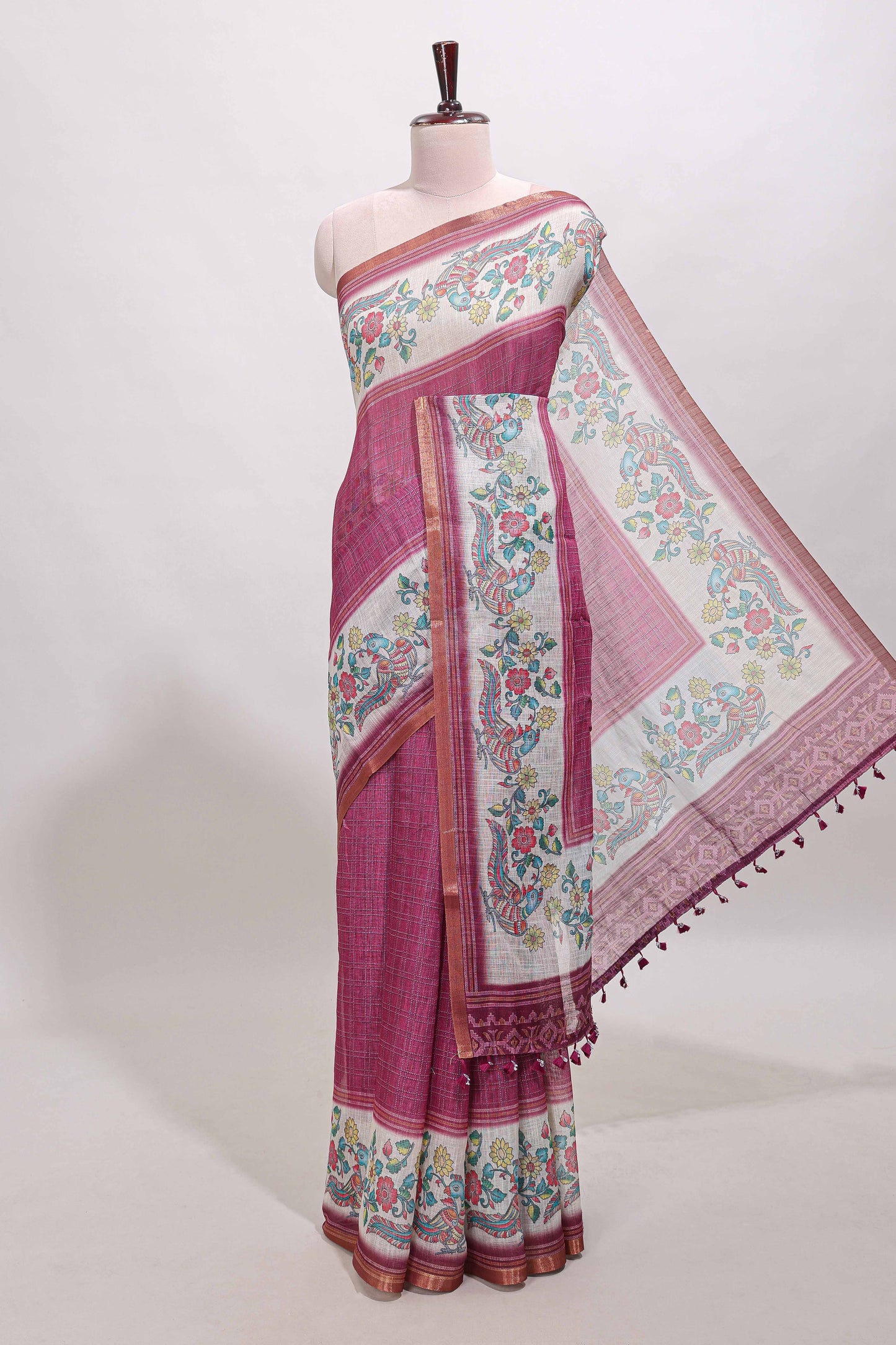 Onion pink checked linen cotton saree with bottom floral and birds design, self zari border and printed blouse