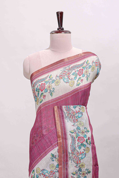 Onion pink checked linen cotton saree with bottom floral and birds design, self zari border and printed blouse
