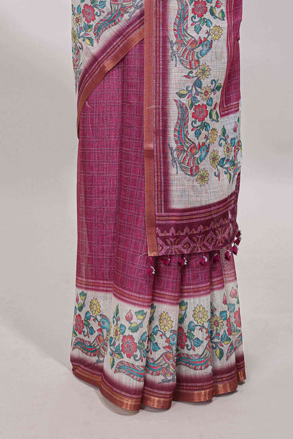 Onion pink checked linen cotton saree with bottom floral and birds design, self zari border and printed blouse