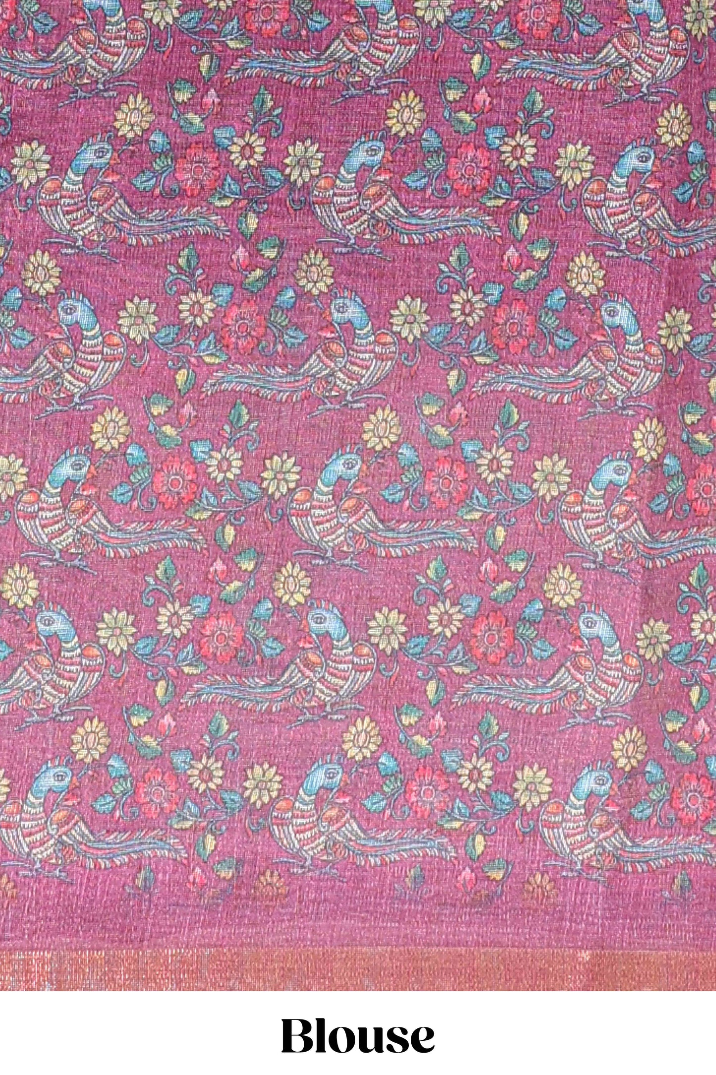 Onion pink checked linen cotton saree with bottom floral and birds design, self zari border and printed blouse