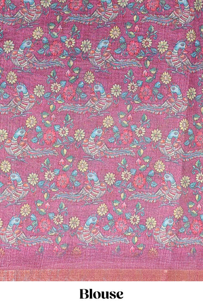 Onion pink checked linen cotton saree with bottom floral and birds design, self zari border and printed blouse