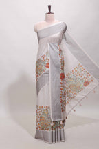 Hash white floral and peacock design linen cotton saree with contrast border and printed blouse
