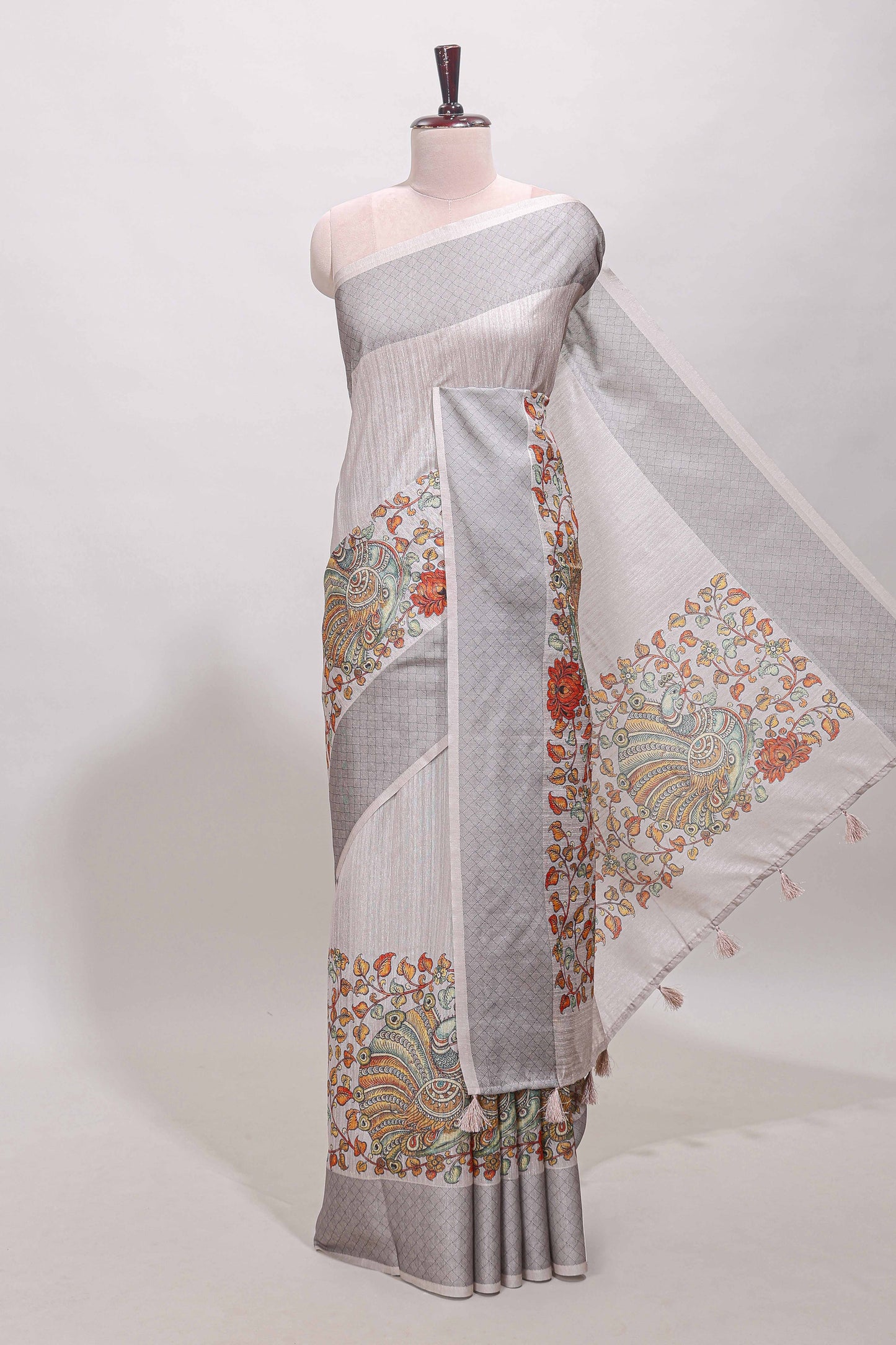 Hash white floral and peacock design linen cotton saree with contrast border and printed blouse