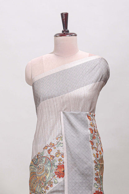 Hash white floral and peacock design linen cotton saree with contrast border and printed blouse