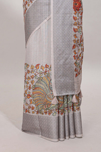 Hash white floral and peacock design linen cotton saree with contrast border and printed blouse