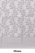 Hash white floral and peacock design linen cotton saree with contrast border and printed blouse