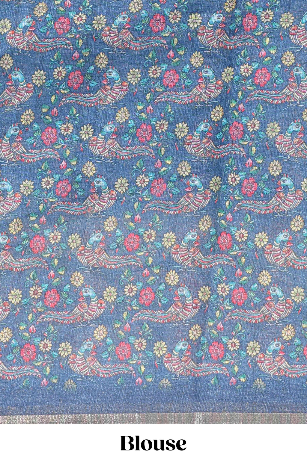 Blue checked linen cotton saree with bottom floral and birds design, self zari border and printed blouse