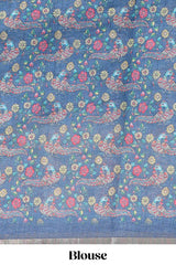 Blue checked linen cotton saree with bottom floral and birds design, self zari border and printed blouse