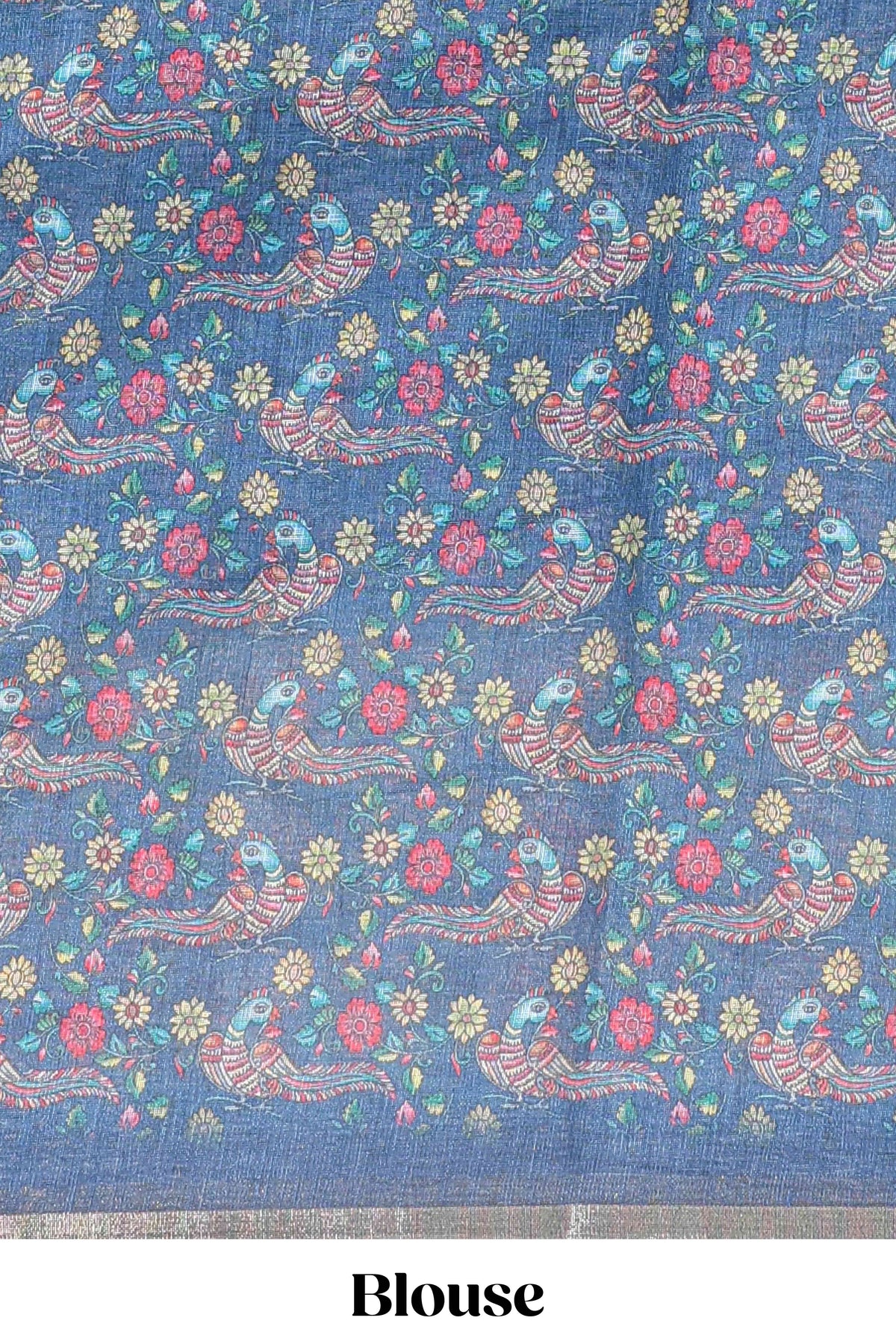 Blue checked linen cotton saree with bottom floral and birds design, self zari border and printed blouse