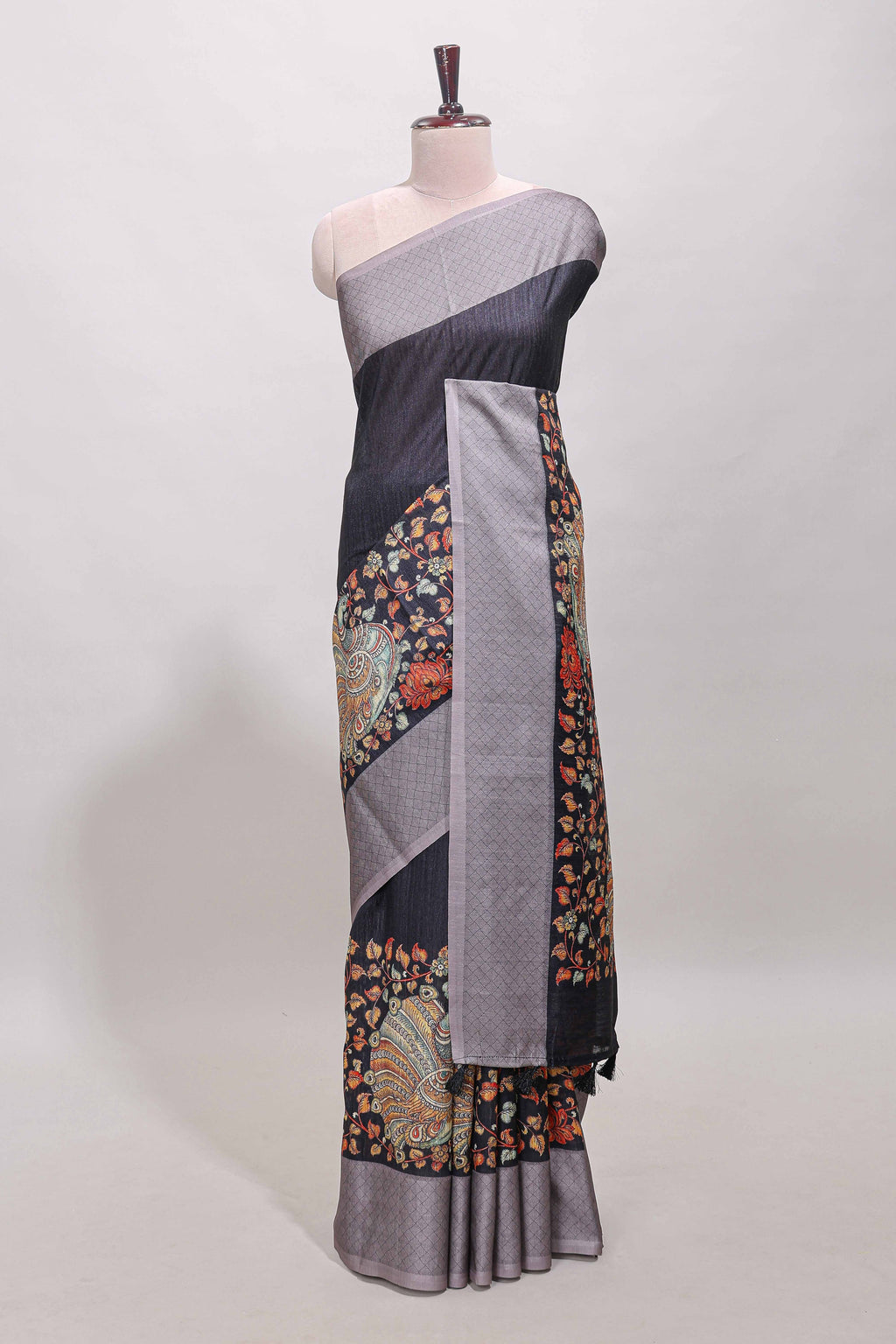 Black floral and peacock design linen cotton saree with contrast border and printed blouse