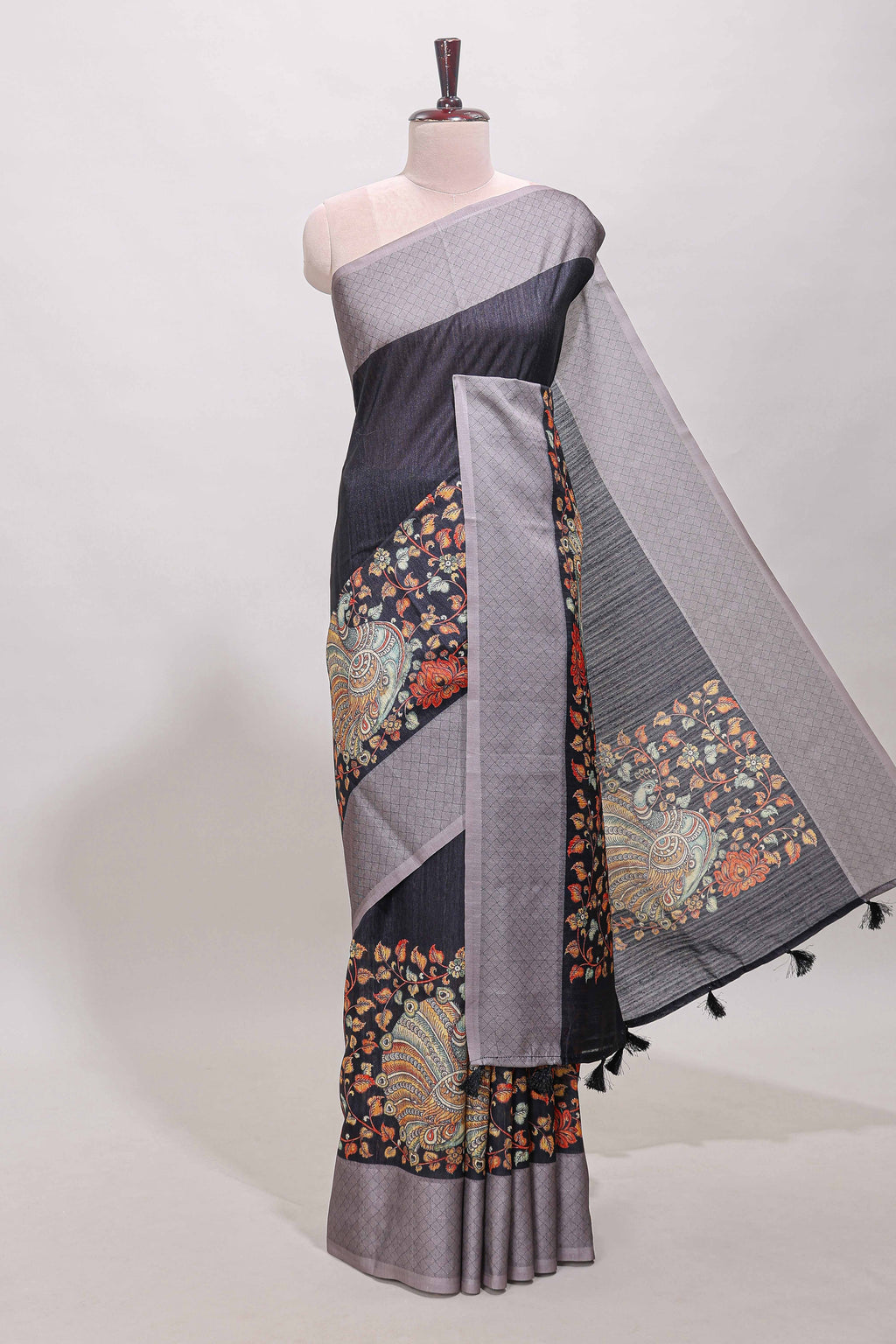 Black floral and peacock design linen cotton saree with contrast border and printed blouse