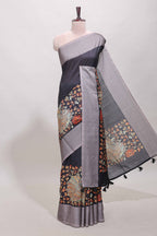 Black floral and peacock design linen cotton saree with contrast border and printed blouse