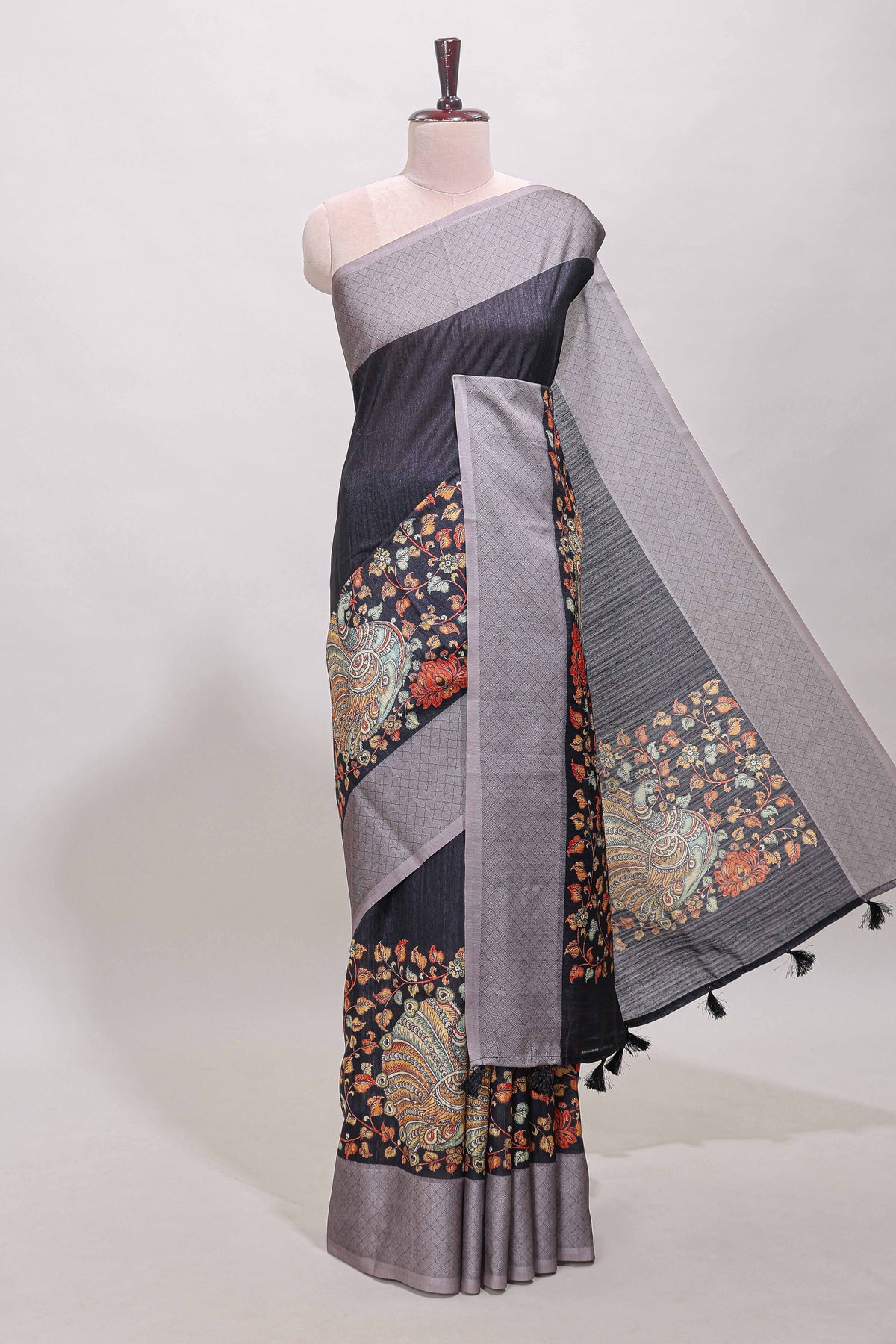 Black floral and peacock design linen cotton saree with contrast border and printed blouse