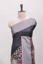 Black floral and peacock design linen cotton saree with contrast border and printed blouse