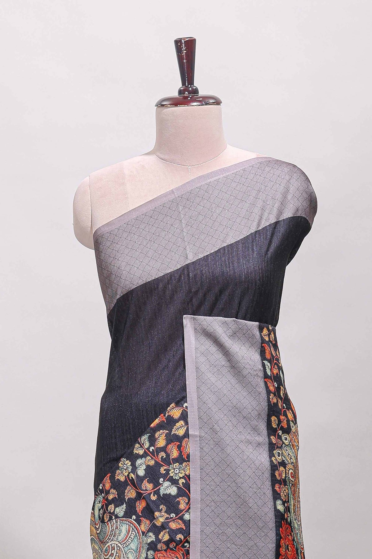 Black floral and peacock design linen cotton saree with contrast border and printed blouse