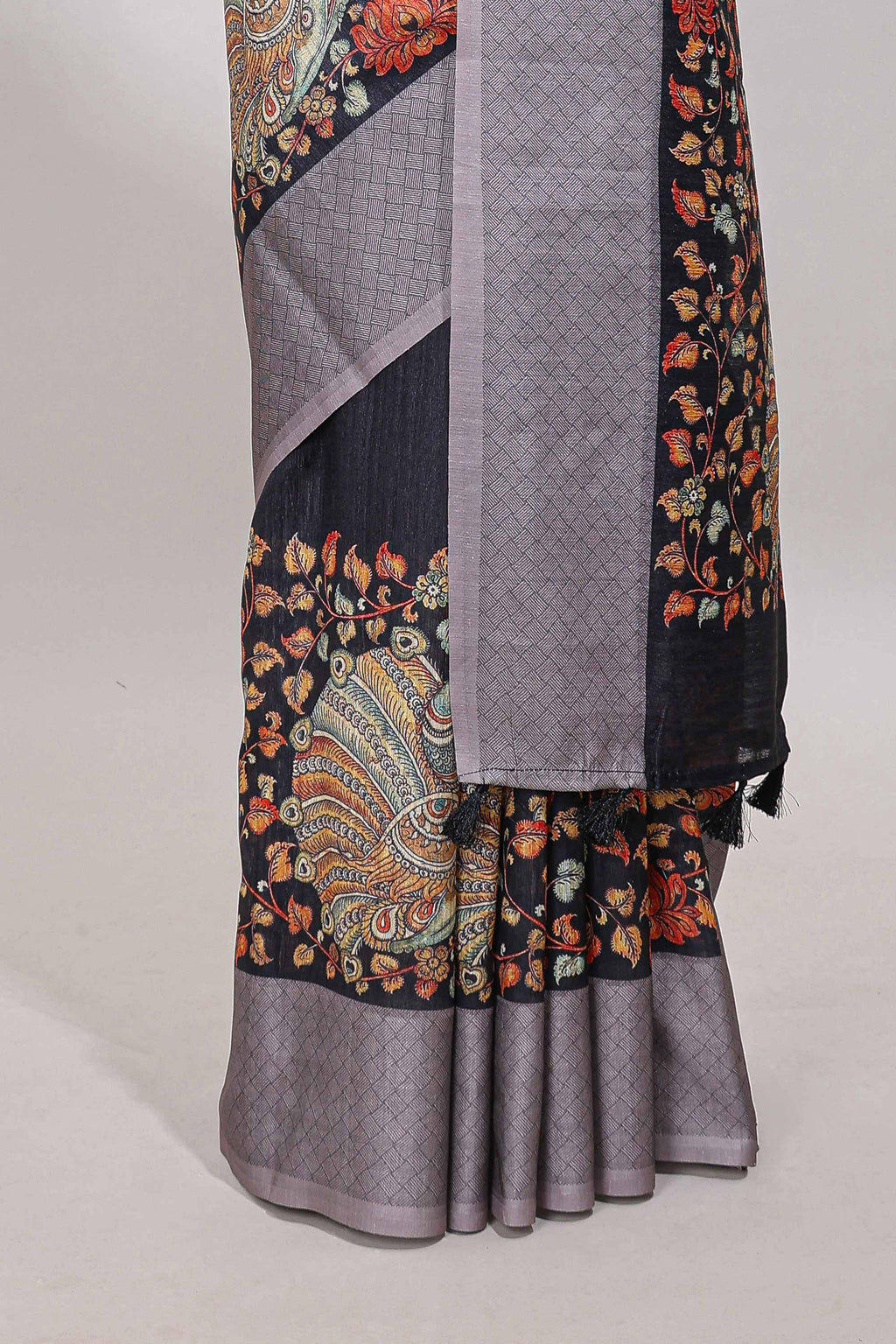 Black floral and peacock design linen cotton saree with contrast border and printed blouse