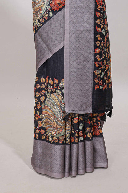 Black floral and peacock design linen cotton saree with contrast border and printed blouse