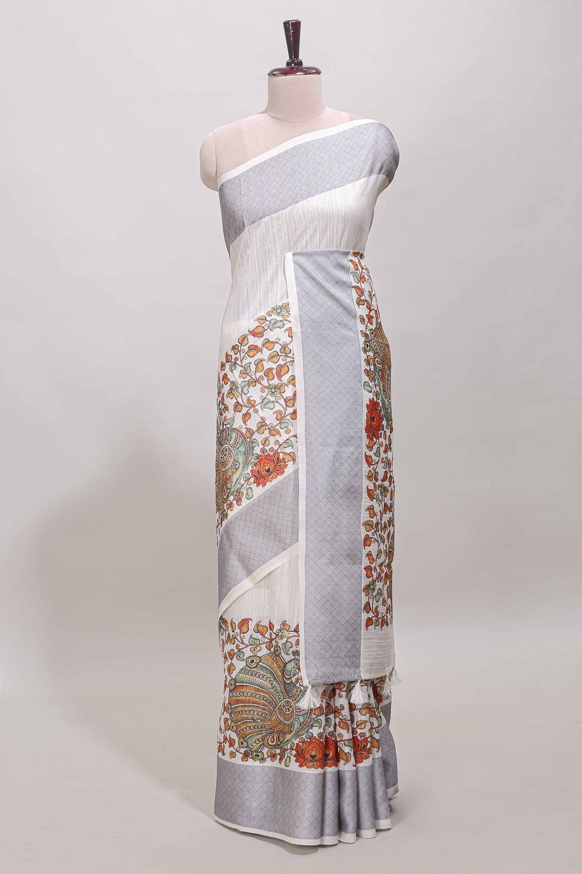 White floral and peacock design linen cotton saree with contrast border and printed blouse