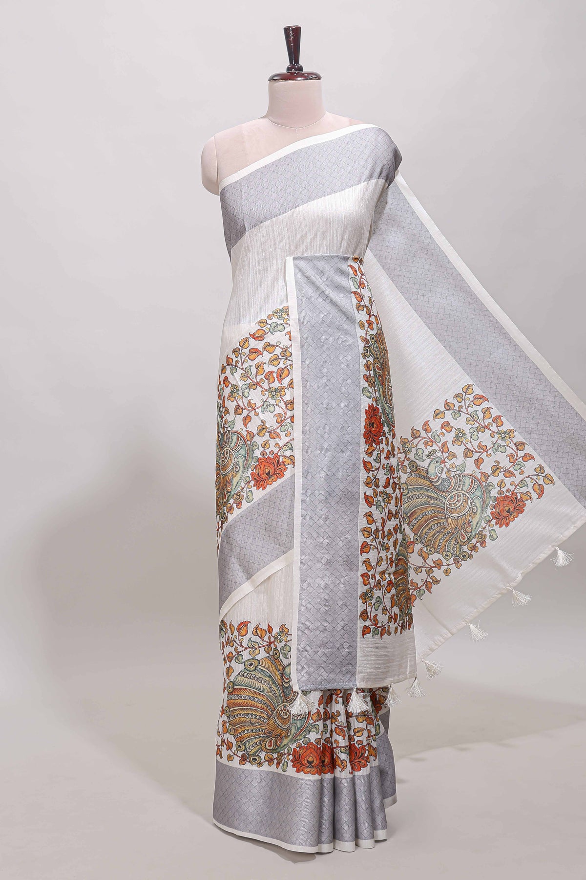 White floral and peacock design linen cotton saree with contrast border and printed blouse