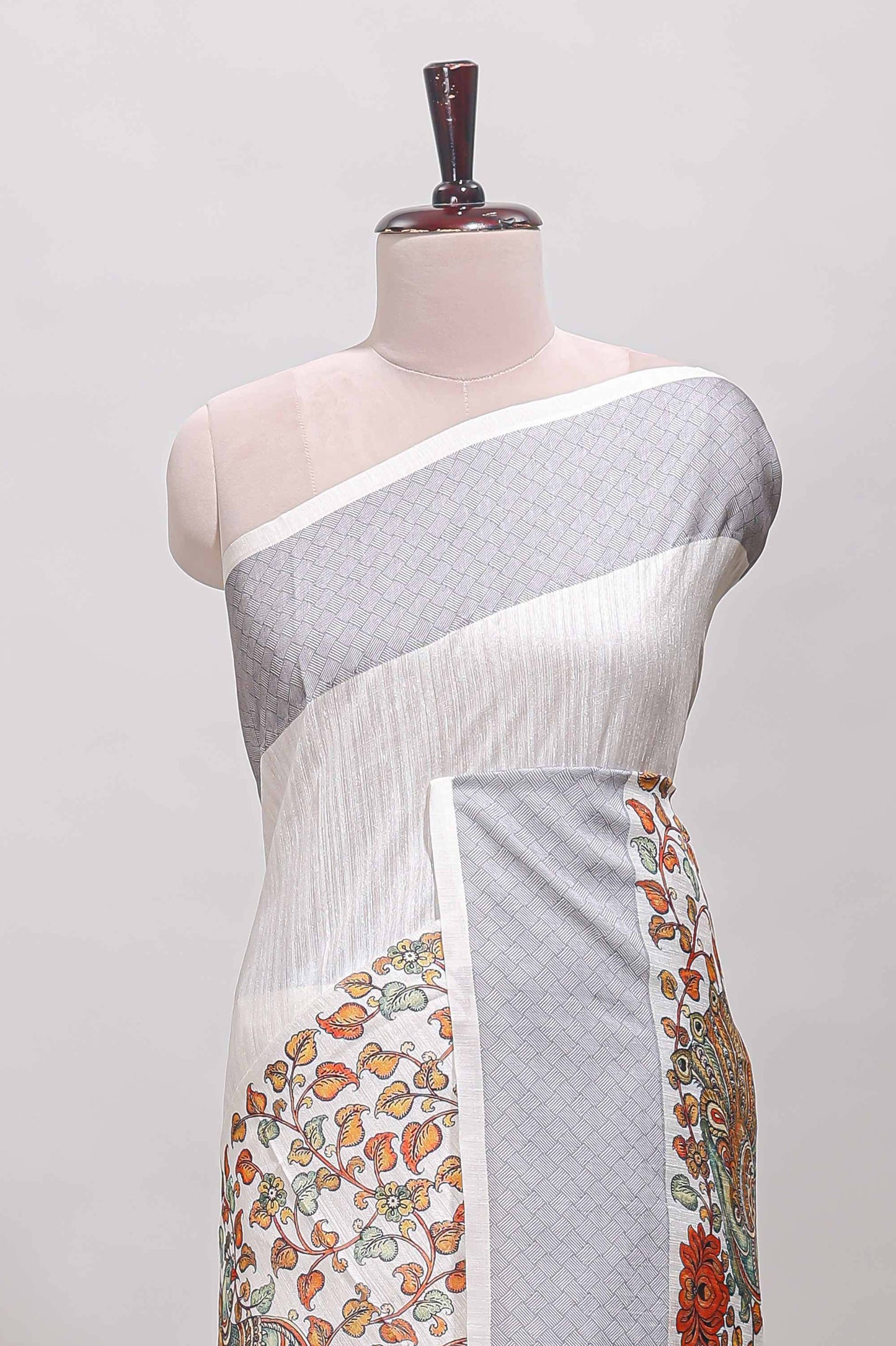 White floral and peacock design linen cotton saree with contrast border and printed blouse