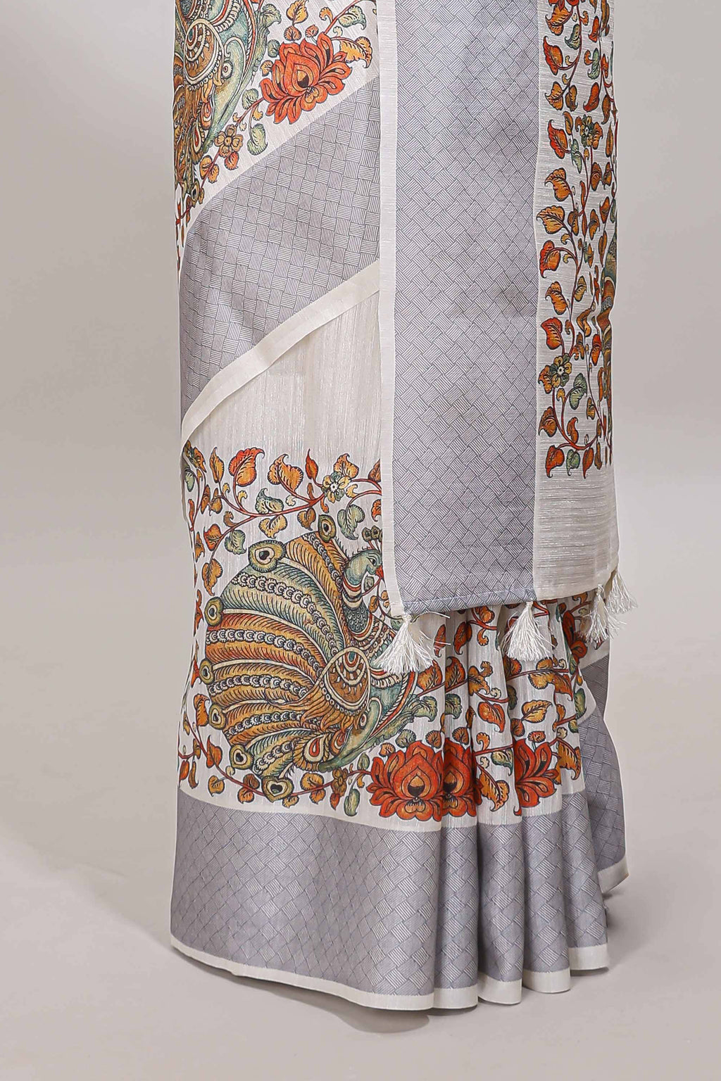 White floral and peacock design linen cotton saree with contrast border and printed blouse