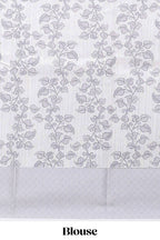 White floral and peacock design linen cotton saree with contrast border and printed blouse