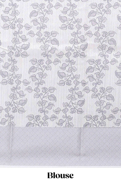 White floral and peacock design linen cotton saree with contrast border and printed blouse