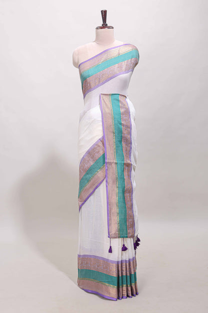 White plain linen cotton saree with contrast zari bentex border & matching pallu with tassels