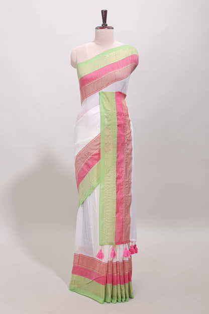 White plain linen cotton saree with contrast zari bentex border & matching pallu with tassels