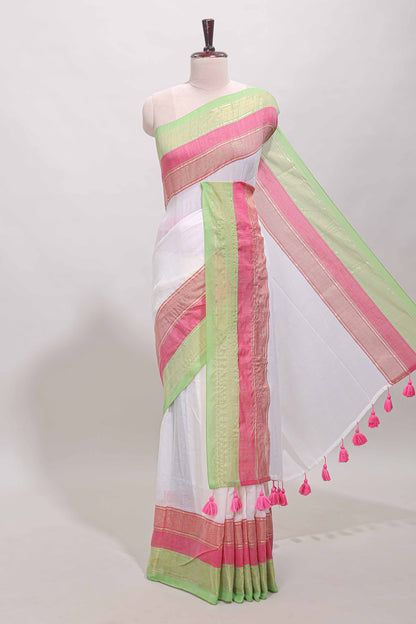 White plain linen cotton saree with contrast zari bentex border & matching pallu with tassels
